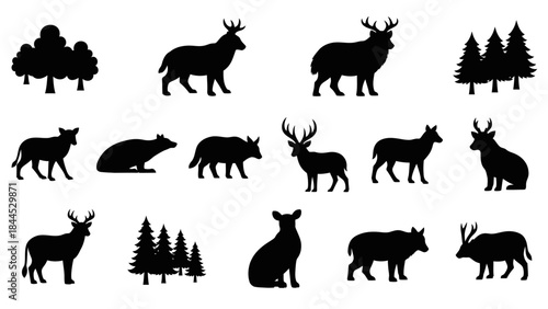 Collection of various black animal and tree silhouettes against a white background