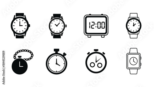 Collection of various clock and watch icons representing timekeeping devices
