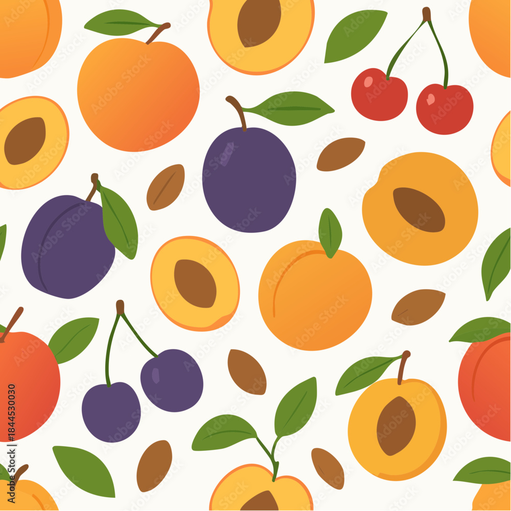 Obraz premium Stone fruit seamless vector pattern peaches plums cherries