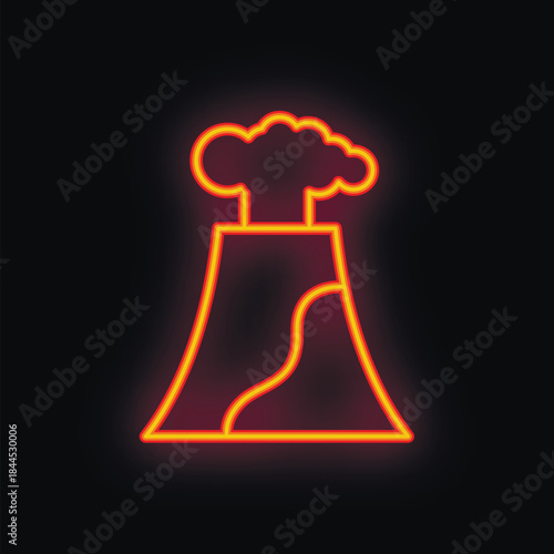 Neon sign of an erupting volcano, with smoke billowing from the crater, set against a black background