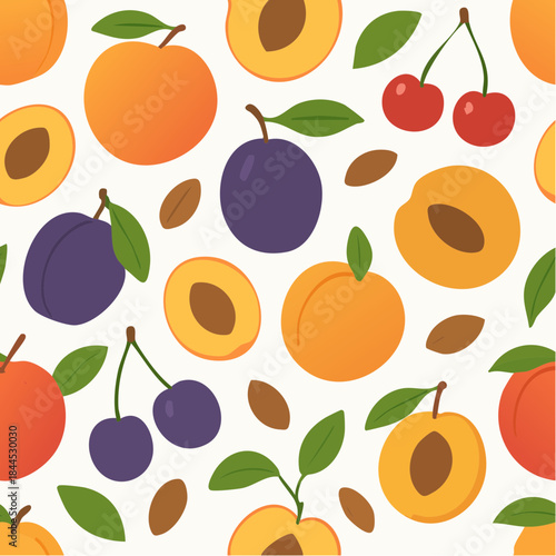 Stone fruit seamless vector pattern peaches plums cherries