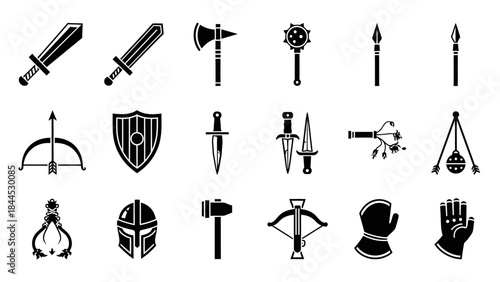 Collection of medieval weapons and armor icons set for gaming and fantasy illustration