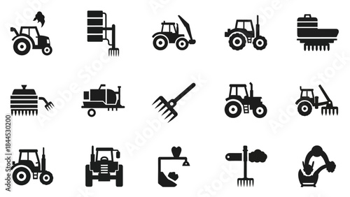Collection of modern black and white agricultural machinery and equipment icons isolated on white
