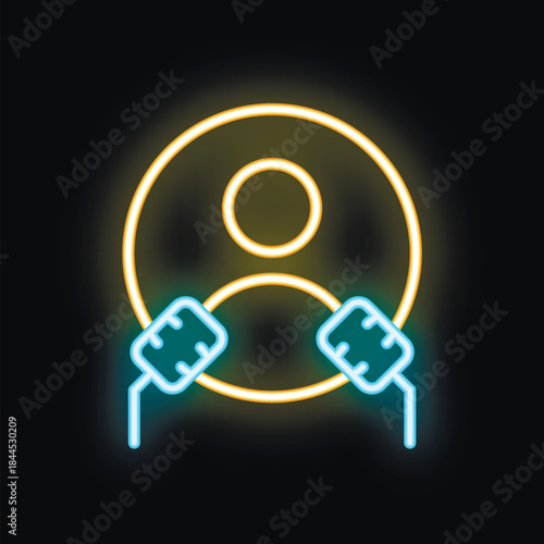 Neon sign depicting a podcast logo, featuring microphones and a user icon, symbolizing audio content creation and broadcasting