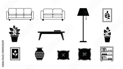 Collection of modern minimalist living room furniture and decor icons in black and white