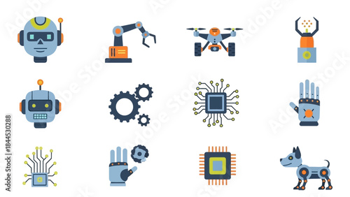 Collection of modern technology icons including robots drones and microchips on a white background