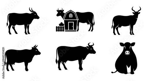 Collection of Silhouetted Cattle Illustrations on a White Background