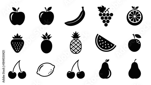 Collection of simple black and white fruit icons representing a variety of healthy food options