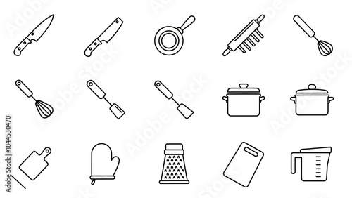 Collection of simple line art icons representing various kitchen utensils and cooking tools