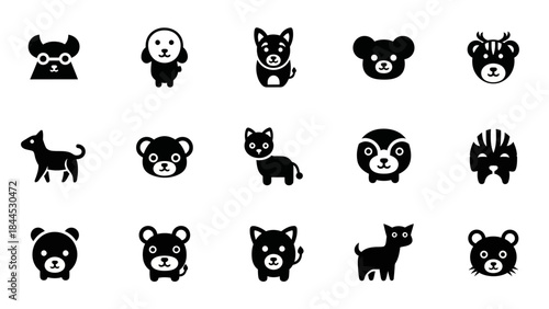 Collection of simple black and white vector icons representing various cute cartoon animals