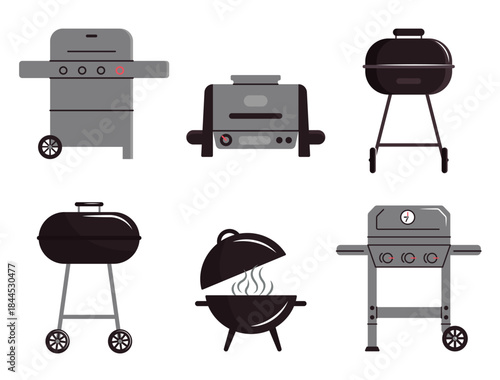 Set of stationary barbecue grills. Electric grill, gas barbecue grill. Cooking appliance. Vector illustration