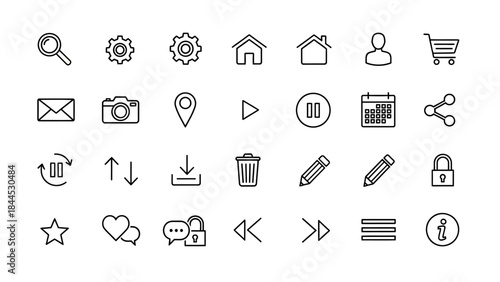 Collection of simple outline icons representing common digital functions and symbols
