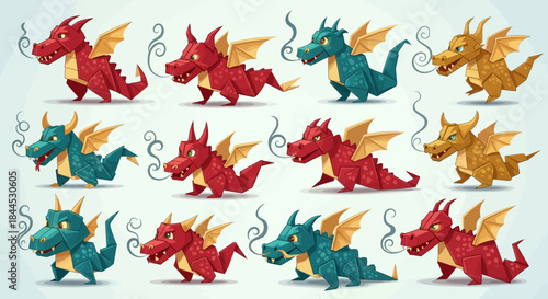 Collection of Adorable Cartoon Dragons with Varied Colors and Expressions.