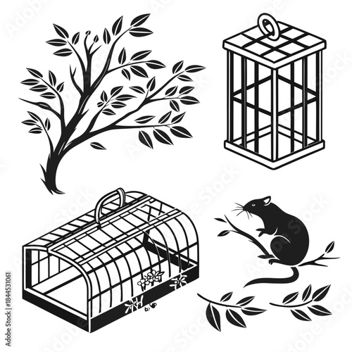Black silhouettes of wildlife traps cages and rodent on branch
