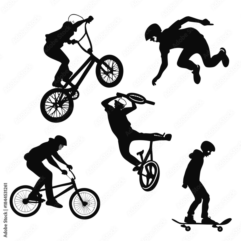 Fototapeta premium Black silhouettes of skateboarders and B M X riders performing tricks