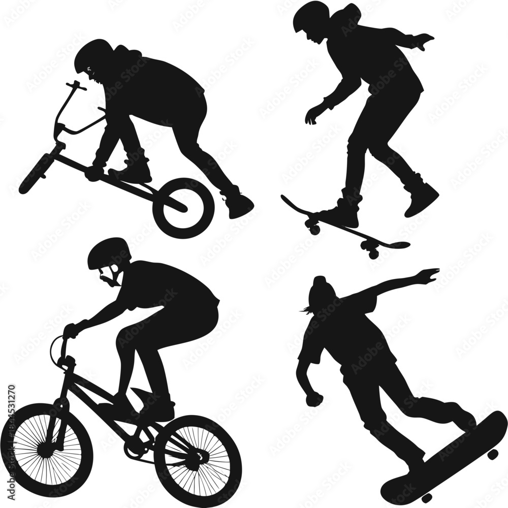 Fototapeta premium Black silhouettes of skateboarders and bmx riders performing tricks