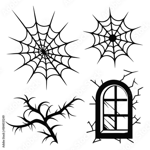 Black silhouettes of spiderwebs thorny branches and arched window
