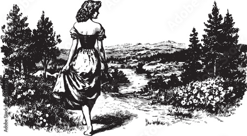 Vintage illustration of a woman walking in a meadow, surrounded by trees and flowers. This scenic black and white vector art showcases nature?s beauty.