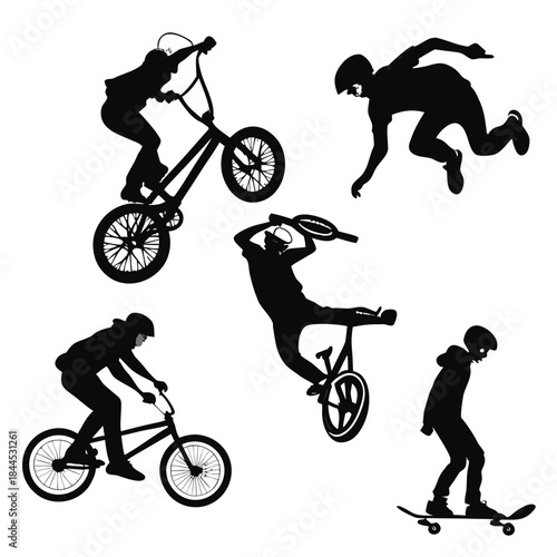 Black silhouettes of skateboarders and B M X riders performing tricks