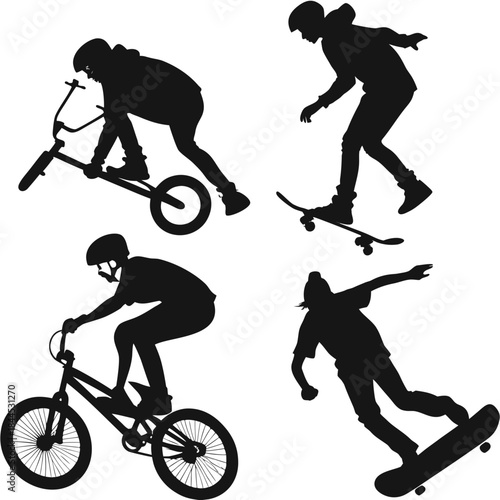 Black silhouettes of skateboarders and bmx riders performing tricks