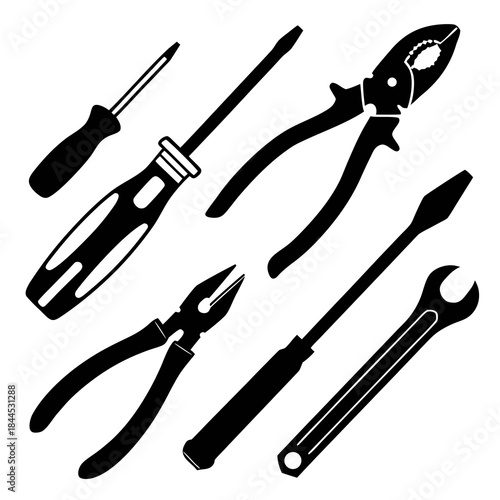 Black silhouettes of seven repair tools on white background