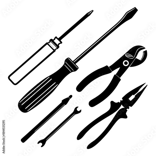 Black silhouettes of seven repair tools on white background 1