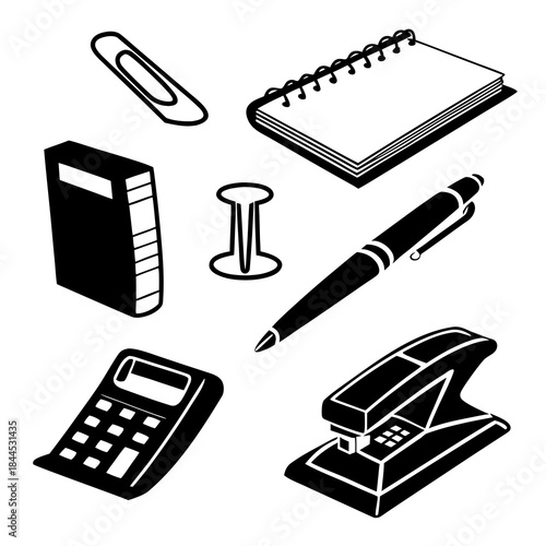 Black silhouettes of office supplies on white background 1