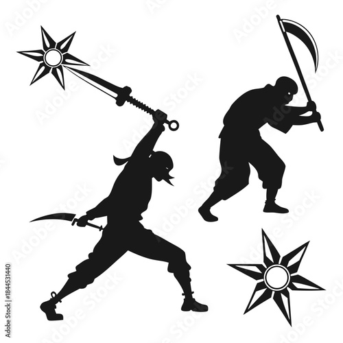 Black silhouettes of ninjas with weapons and shurikens