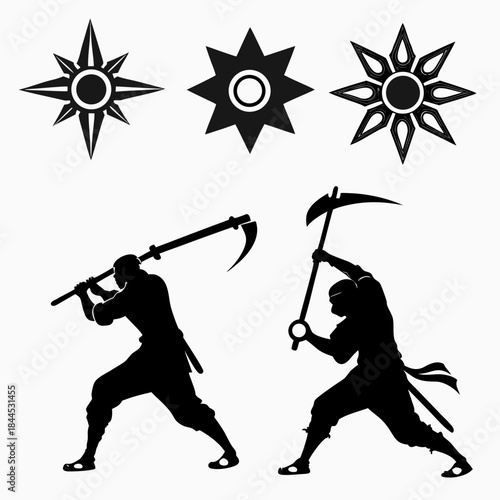 Black silhouettes of ninja warriors with weapons and shurikens