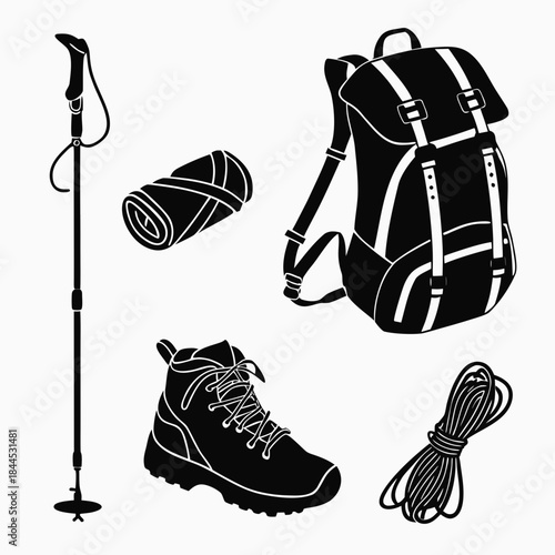 Black silhouettes of mountain hiking gear on white background