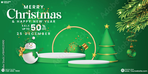 Merry Christmas and Happy New Year celebration social media product sale podium background design vector with green color. Green color Christmas festival product display design with Xmas tree.