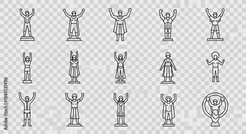 Collection of Ancient Statue Icons with Raised Arms in Outline Style.