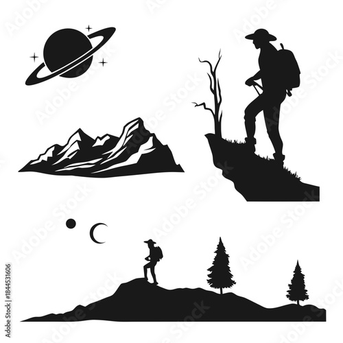 Black silhouettes of hikers mountains planet and moon