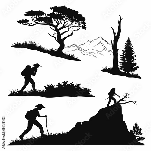 Black silhouettes of hikers and natural elements backpack