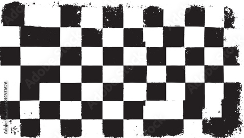 Checkered pattern in black and white. Distressed texture creates a simple graphic design suitable for various uses in a vector illustration.