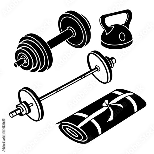 Black silhouettes of gym equipment and rolled mat dumbbell