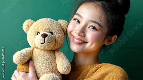 Young woman joyfully embracing teddy bear against green background