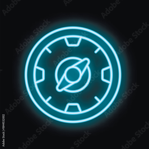 Blue neon casino chip spinning with motion trails on black background