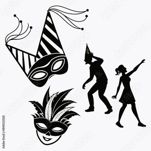 Black silhouettes of carnival masks and party people