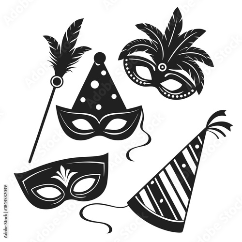 Black silhouettes of carnival masks and party hats 1