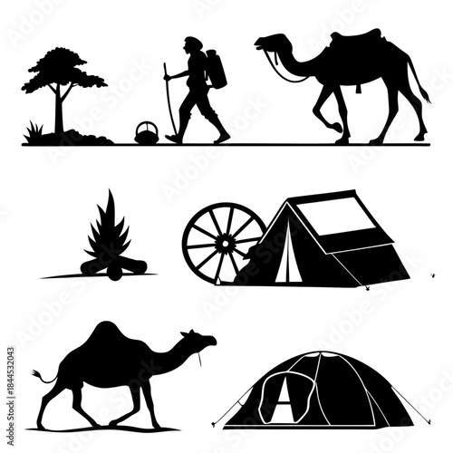 Black silhouettes of camels tents campfire and traveler