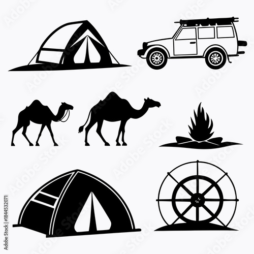 Black silhouettes of caravan travel elements on white background