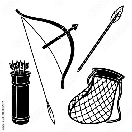 Black silhouettes of bow arrow quiver and net bow and arrow