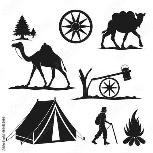 Black silhouettes of camels tent campfire and hiker