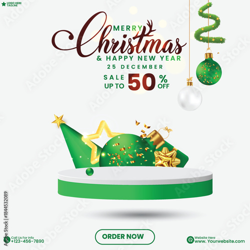 Christmas festival and New Year social media product sale 3D empty podium background design vector with snowman, a discount badge, a ball, and a white background. Christmas sale poster design.