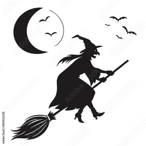 Black silhouette witch flying on broomstick with bats and moon