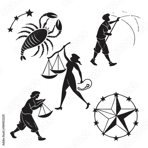 Black silhouette zodiac symbols and celestial elements