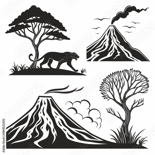 Black silhouette set of African acacia tree panther volcano eruption and bare tree