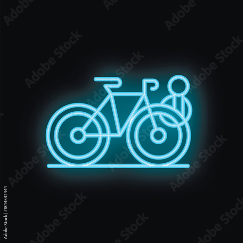 Neon sign of a bicycle parked with a water bottle attached, glowing in blue against a black background