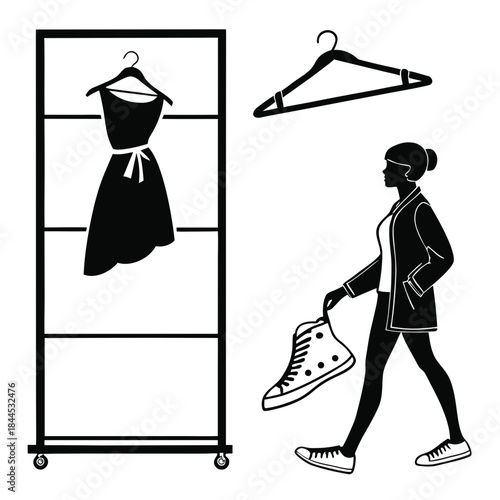 Black silhouette of woman with shoes and dress on rack